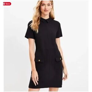 LOFT Women's XL Ponte‎ Button Black and Gold Collared Short Sleeve Mini Dress